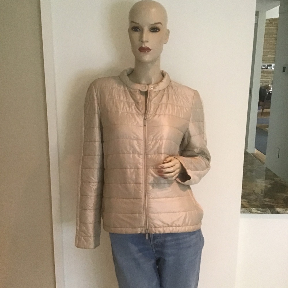 Lafayette 148 New York Beige Quilted Mixed Media Zip Up Lightweight Jacket M